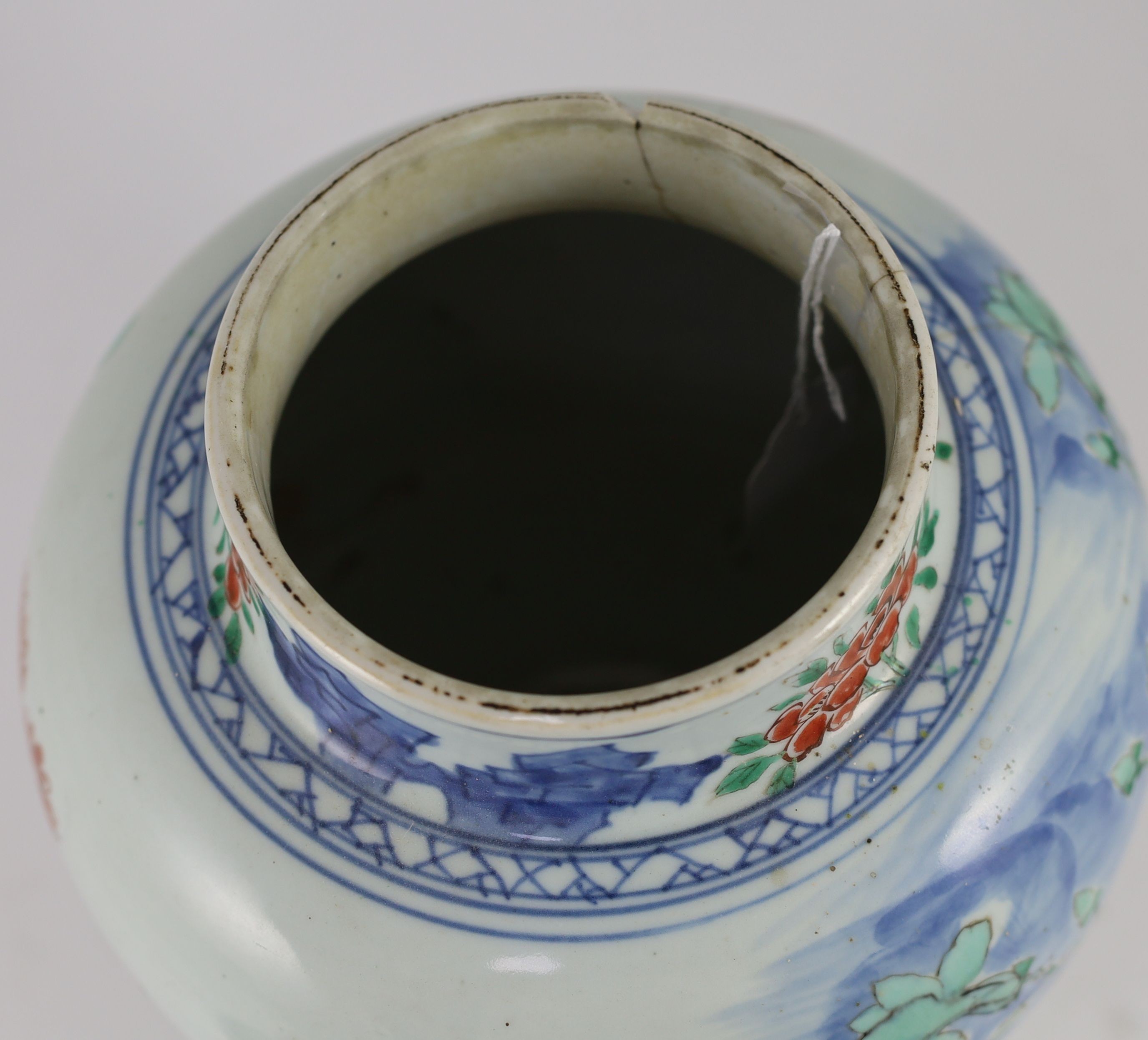 A Chinese transitional wucai jar and cover, c.1650, 36cm high, some damage
